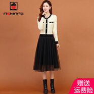 AEMAPE 連衣裙女新款2025春夏季時(shí)尚氣質(zhì)假兩件網(wǎng)紗拼接裙子女裝秋 米白色 M _95-110斤