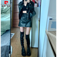 皮爾卡丹歐美性感辣妹pu皮裙半身裙女大碼胖mm季高腰防走光裙褲包臀短裙 黑色 【內(nèi)帶安全褲】 S