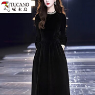 啄木鳥(niǎo)法式赫本風(fēng)金絲絨洋裝女秋季大尺碼顯瘦收腰字輕奢感長(cháng)裙子 黑色 S (80-95斤)