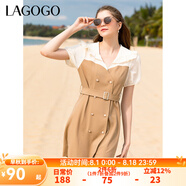 lagogo高腰A字拼接連衣裙女拉谷谷春夏新款泡泡袖甜美假兩件裙子 淺駝色(S3) S 155/36