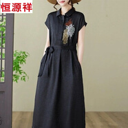 恒源祥高端輕奢刺繡亞麻連衣裙女士2025媽媽夏裝氣質(zhì)收腰遮肚子棉麻長(cháng)裙 黑色龜裂紋 XL 建議125-135斤