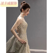 凌卡戚高級(jí)感晚禮服2023新款香檳色亮片重工氣質(zhì)宴會(huì)主持人掛脖禮服裙女 香檳色長(zhǎng)款 M
