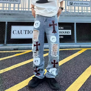 伯談美式街頭十字架骷髏刺繡破洞牛仔褲男高街潮牌嘻哈直筒寬松休閑褲 藍(lán)色(名牛-G41) S