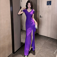 ACJK新款工作服顯瘦禮服氣質(zhì)低胸性感純欲修身裙子夜店女裝包臀連衣裙 紫色 S