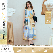 兩三事梵高文藝 她的房間 2025夏季新款圍巾領(lǐng)印花綁帶無袖連衣裙 藍色 L