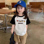迪士尼女童米奇米老鼠插肩短袖t恤夏裝童裝男童夏季兒童小寶寶半袖上衣 黑色 短袖插肩米奇 100 CM建議25斤內(nèi)