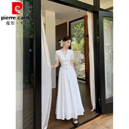 皮爾卡丹法式溫柔風蕾絲拼接短袖連衣裙2025夏季新款收腰顯瘦A字長裙女ins 白色長裙 XL 建議【120-130斤】