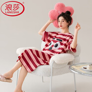 浪莎（LangSha）輕奢高端純棉睡裙女夏季短袖中長款夏天連衣裙外穿睡衣 J635 2XL 無胸墊【建議140-160斤】