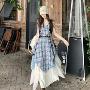 新疆草原川西云南旅游穿搭女裝復古氣質格紋扎染吊帶連衣裙兩件套 套裝(半身裙+吊帶裙) S