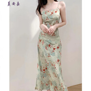 美安嘉蘇蘇夏秋青綠色國風(fēng)煙雨江南輕奢暗紋提花印花緞面吊帶連衣裙 蘇蘇暗紋提花印花吊帶 S