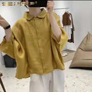 夏典素訂女王（SE.PSTP）棉麻襯衫女2025春夏新款七分袖蝙蝠袖寬松大碼亞麻娃娃領(lǐng)減齡網(wǎng)紅 姜黃色 S 建議85-100斤