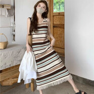 詩(shī)星可夏季休閑連衣裙彩色條紋胖mm無(wú)袖背心連衣裙女夏季內搭寬松顯瘦 杏色 2XL