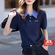 簡哥弟婭奧特萊斯哥弟品牌剪標尾貨女裝撞色格紋拼接翻領百搭短袖上衣 藏青 XL 建議115-125斤