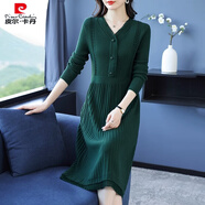 皮爾卡丹（pierre cardin）中長款打底毛衣裙時尚v領(lǐng)毛線裙大碼寬松女裝顯瘦百搭針織連衣裙 墨綠色 L