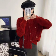 溥畔秋冬新款刺繡花朵麻花毛衣女外套日韓學(xué)院風甜美圓領(lǐng)針織開衫 紅色 均碼