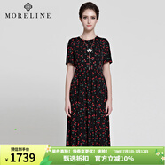 MORELINE沐蘭夏款氣質(zhì)復(fù)古櫻桃印花修身長裙短袖連衣裙女裙子收腰垂感過膝 圖片色 3XL 46