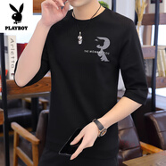 花花公子夏季7七分袖T恤男潮流韓版五分袖冰絲打底衫上衣2025新款中袖體恤 WE051 黑色 XL