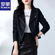 羅蒙（ROMON）皮衣款外套女裝小個子機車2024秋冬新款高端氣質(zhì)顯瘦西裝皮夾克短 黑色 XL (105-115斤)