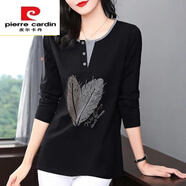 皮爾卡丹（pierre cardin）品牌【撿漏】純棉長袖T恤女裝秋季新款洋氣中長款百搭遮肚子打底 黑色 4XL 建議160-180斤