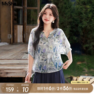 MsShe【復古印花小衫】大碼女裝2025夏季胖mm巨顯瘦上衣七分褲 【套頭綁帶】水晶藍色現貨 2XL