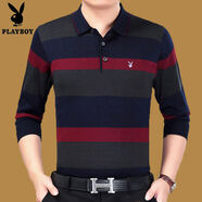 花花公子純棉針織長(cháng)袖T恤男士中老年純色POLO體恤衫春秋季爸爸裝打底上衣t 1706紅色粗條紋 S 165/84A 建議95-115斤
