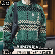 馬登工裝 美式復古雪尼爾圣誕毛衣男春季撞色加厚保暖打底套頭針織衫 綠間條 寬松偏大 XL