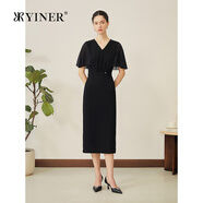 音兒（YINER）【醋酸系列】2025秋季新款法式小黑裙雪紡荷葉袖連衣裙 黑色 S