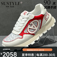 SUSTYLE真皮運(yùn)動(dòng)鞋男2025夏季新款透氣軟底低幫阿甘鞋輕便防滑男士休閑鞋 白紅色 43