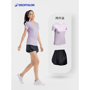 迪卡儂（DECATHLON）運(yùn)動(dòng)短褲女防走光寬松夏季外穿跑步瑜伽訓(xùn)練健身褲GYPWL T恤+短褲兩件套女款 紫紅色+黑色 XS