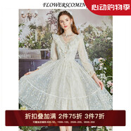 flowerscoming花兒開了2024春季新款法式V領(lǐng)網(wǎng)紗波點連衣裙女修身中長款公主裙 杏金色 M