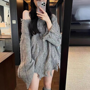溥畔設計感下擺破洞麻花毛衣女秋冬新款時(shí)尚不規則流蘇做舊露肩針 灰色 均碼