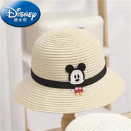 迪士尼（Disney）兒童遮陽帽夏天男寶寶防曬太陽帽男童草帽沙灘帽女孩大帽檐漁夫帽 米色（米老鼠草帽） 2-5歲（49-52cm）