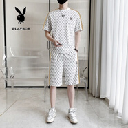 花花公子潮牌冰絲短袖t恤男套裝夏季潮流休閑男裝上衣服短褲運動(dòng)兩件套帥 3612白色（搭配短褲） M