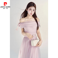 皮爾卡丹（pierre cardin）夏季新款法式甜美公主裙一字肩網(wǎng)紗裙收腰顯瘦設計感氣質(zhì)連衣裙 灰粉色(常規版) S 模特尺碼