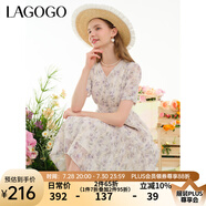 lagogo重工雪紡鏤空繡花連衣裙女拉谷谷夏季新款泡泡袖茶歇碎花裙 混色(Y0) S