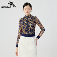 哥弟（GIRDEAR）女裝2025新款彈力絲網(wǎng)印花小立領(lǐng)拉鏈夾克外套女140009 橙藍(lán) M (3碼)