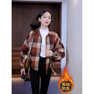 南啵丸2025秋冬絲絨加厚格紋外衣女士寬松修身上衣設計蝙蝠袖保暖襯衫時(shí) 1104#紅色格子外套【加絨】 加厚 M _【85-100斤】
