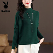 花花公子（PLAYBOY）大碼毛衣女秋冬2025半高領(lǐng)蝙蝠袖上衣寬松短款加厚打底針織羊毛衫 綠色 收藏關(guān)注優(yōu)先發(fā)貨 M 90-105斤