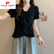 皮爾卡丹淡紫色V領(lǐng)正肩短袖T恤女2025春夏大碼胖mm卡腰漂亮小衫不規則上衣 黑色T恤(版) 3XL (160-180斤)