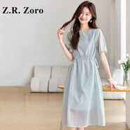 Z.R.Zoro奢侈品連衣裙女2025夏季新款韓版設(shè)計(jì)感口袋系帶收腰顯瘦連衣裙女 淺藍(lán)色 M