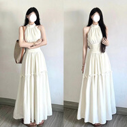 貞喜氣法式溫柔風(fēng)白色無袖掛脖背心吊帶連衣裙子女夏季新款收腰長(zhǎng)裙沙灘 白色 M 雙層/后拉鏈