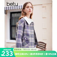 百圖betu女裝秋冬新款短外套復(fù)古格紋拼接羊羔毛領(lǐng)短外套2310T62 紫色 M