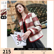 三彩女裝2024冬季新款香風(fēng)毛呢大衣圓領(lǐng)短款復(fù)古格紋外套寬松女 紅咖啡 XL 170/92A