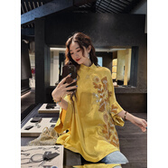 三吉黑花【蓮生】新中式國(guó)風(fēng)上衣珠管繡中袖T恤女2025新款大袍子 藤黃 L