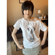 風(fēng)采兔 個(gè)性別致甜酷韓系小狗斜肩短袖T恤女一字領(lǐng)2025慵懶露肩百搭上衣 白色 S