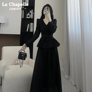拉夏貝爾（La Chapelle）連衣裙新款秋季雪紡長袖洋裝女氣質高端荷葉邊假兩件法式大擺長裙 高級黑 S 90-100斤