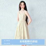 樂(lè)町少女感蝴蝶結(jié)吊帶長(zhǎng)裙重工大裙擺V領(lǐng)收腰連衣裙 米黃（現(xiàn)貨） M