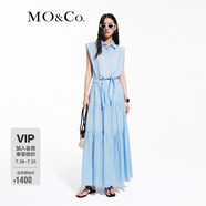 MO&Co.夏高腰綁帶苧麻襯衫長裙連衣裙M摩安珂 藍白條色 XS 155