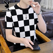 花花公子（PLAYBOY）男式針織短袖T恤夏季高端修身冰絲圓領(lǐng)上衣薄款休閑格子半袖體恤 1609黑白色 M