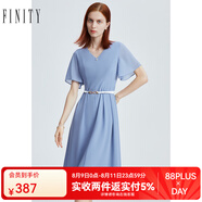 菲妮迪品牌連衣裙夏季新款 簡(jiǎn)約設(shè)計(jì)感荷葉袖V領(lǐng)短袖裙子女 藍(lán)色 S
